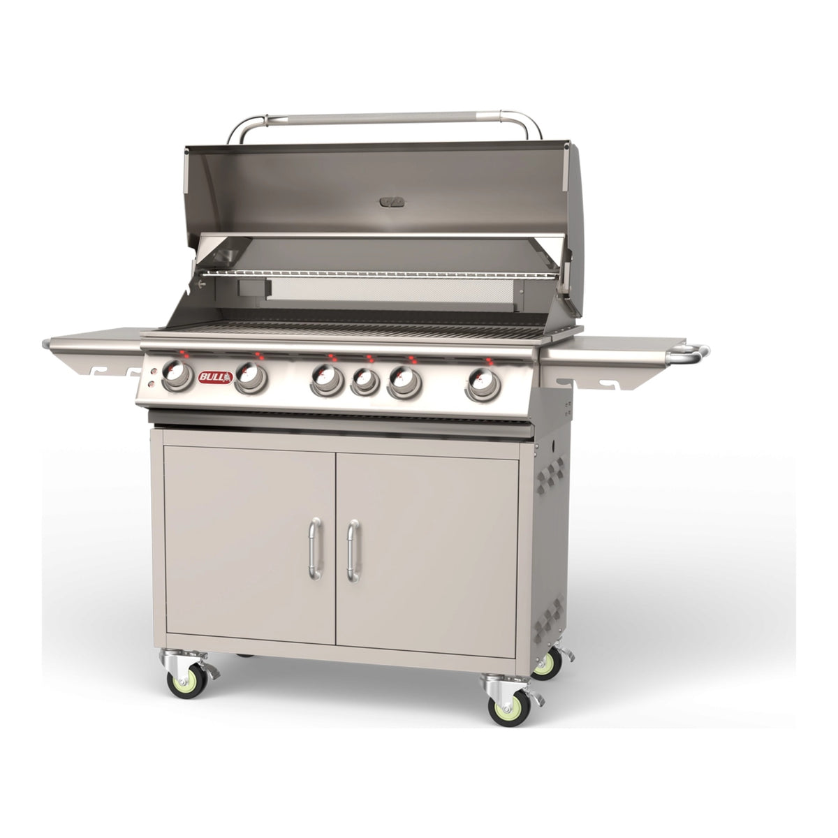 Bull Brahma 38" 5-Burner Gas Grill with Cart – next-generation design, lid open, angled view