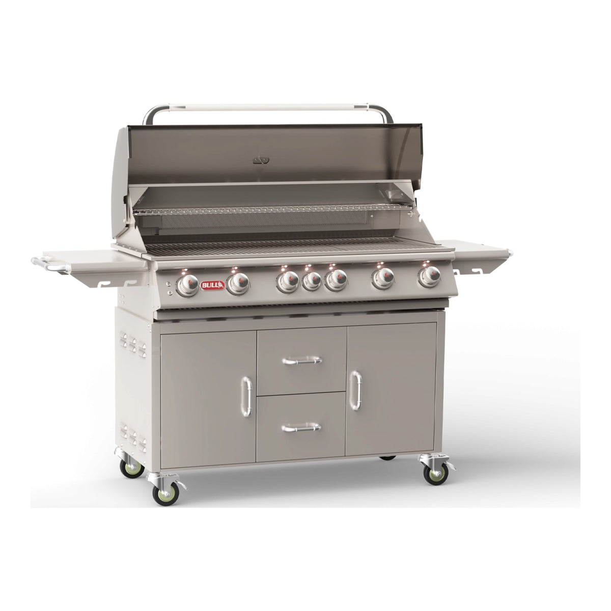 Bull Diablo 46" 6-Burner Gas Grill with Cart – next-generation design, lid open, angled view