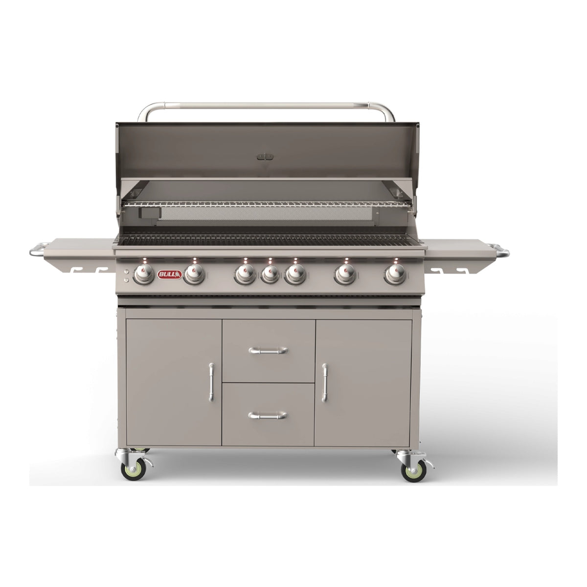 Bull Diablo 46" 6-Burner Gas Grill with Cart – next-generation design, lid open, front view