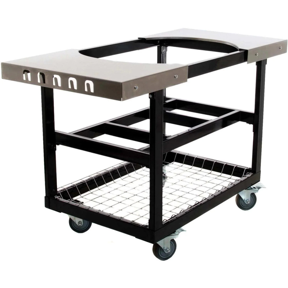 Primo cart with stainless side shelves holding a Primo grill